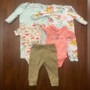 Baby Girl Floral Bundle Sleepers, Onesies With Flowers, Olive Pants